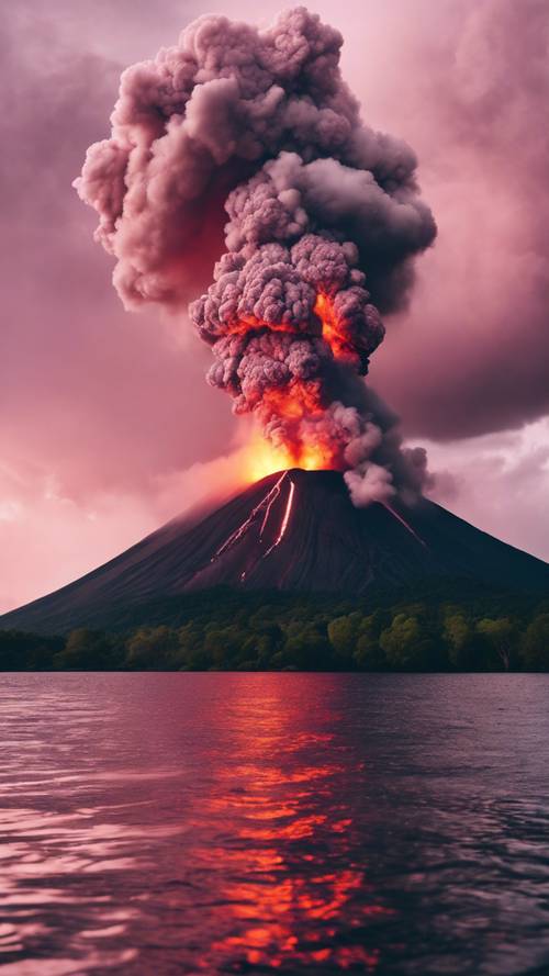 The breathtaking image of a volcano erupting grey smoke into the pinkish evening sky.