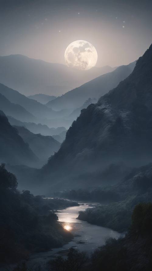 Una etérea luz de luna que proyecta un resplandor sobre tranquilas montañas envueltas en una neblina brumosa.