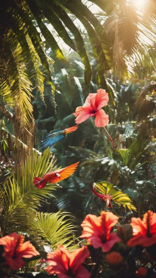 A bursting tropical garden under scorching sunlight, with bright hibiscus flowers, exotic birds, and green palm trees.