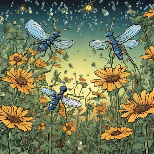 Eine Ansammlung verträumter, leuchtender Cartoon-Glühwürmchen, die um eine in der Dämmerung erleuchtete Wildblume tanzen.