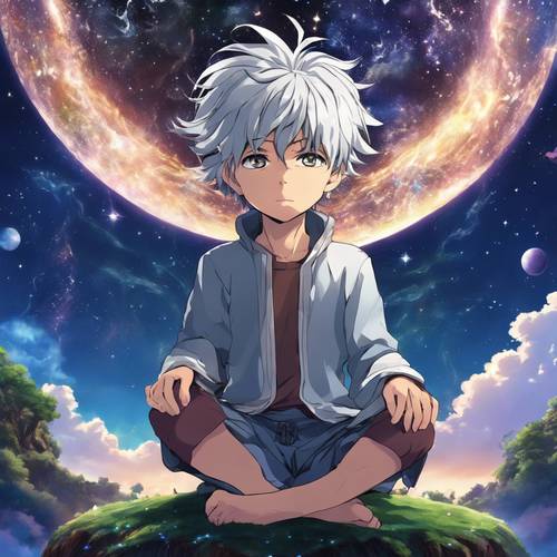 Un chico místico anime tranquilo y sereno con cabello plateado, meditando en una isla flotante en medio de un cielo cósmico iluminado por estrellas.
