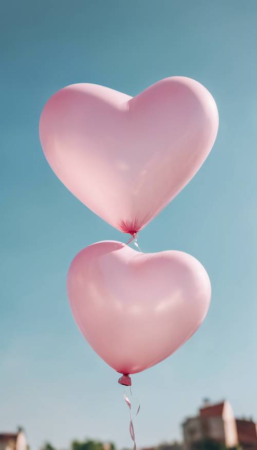 Balon berbentuk hati berwarna merah muda pastel mengkilap yang mengambang di langit biru cerah.
