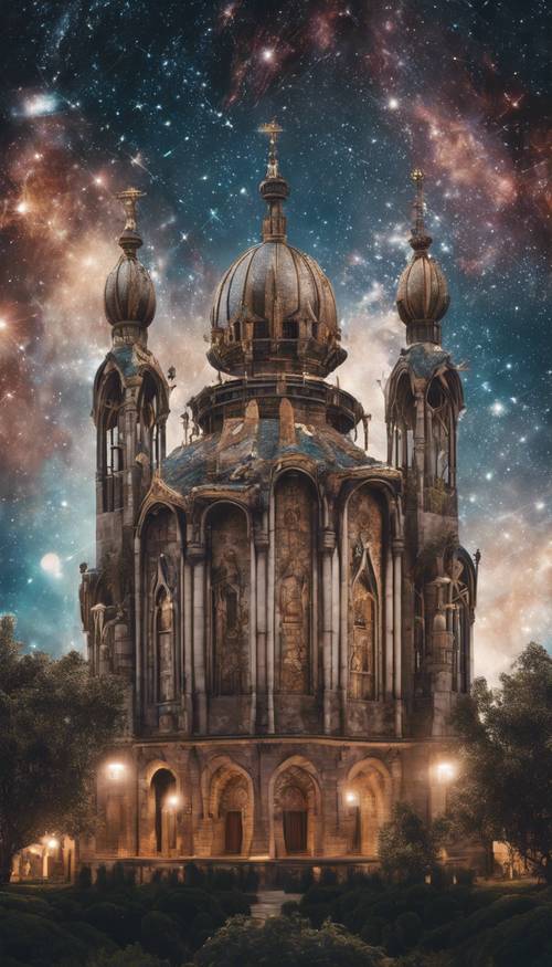A fantastical celestial cathedral floating amidst the cosmos.