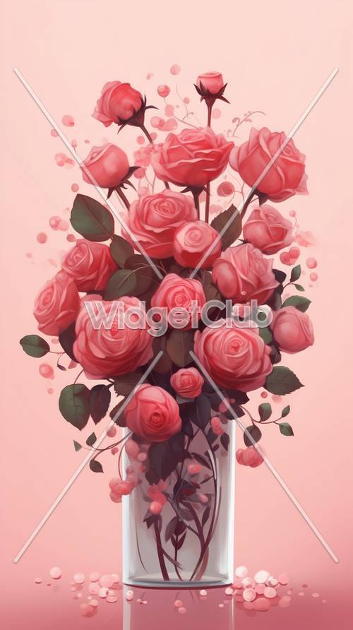 부드러운 분홍색 배경에 아름다운 장미 꽃다발