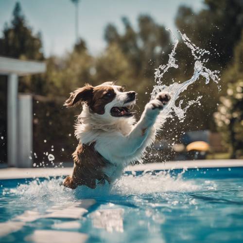 Pies wskakujący do basenu w pogoni za frisbee