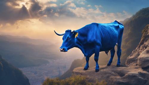 Une vache bleu royal capturée dans une œuvre d’art de style fantastique, debout sur une falaise surplombant une ville magique.
