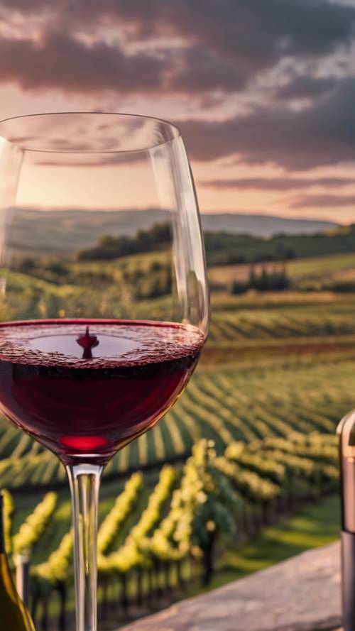 Un primo piano di vino premium color bordeaux in un bicchiere di cristallo con un vigneto sullo sfondo la sera.