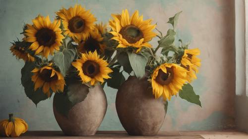 A still life of sunflowers in a rustic vase against a pastel background.