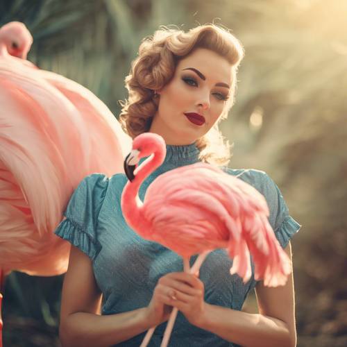 Dziewczyna pin-up w stylu vintage trzymająca wachlarz z piór flamingów.