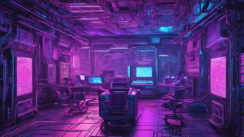 Intricate circuitry glowing blue and purple depicting advanced cyberpunk technology.