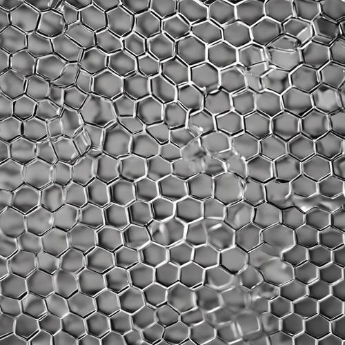 Um desenho de malha hexagonal em formação de favo de mel feito de metal prateado criando um padrão uniforme.