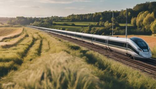 A high-speed modern train smoothly gliding along the rail with a blurred countryside in the background. Tapeta [770cc35706c5459fa430]
