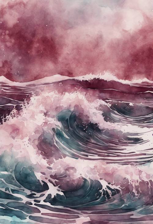 Pola gelombang laut digambarkan dalam cat air merah anggur
