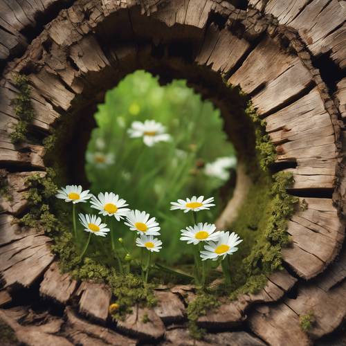 A family of bright green daisies seen through the frame of a hollow log in the woods.