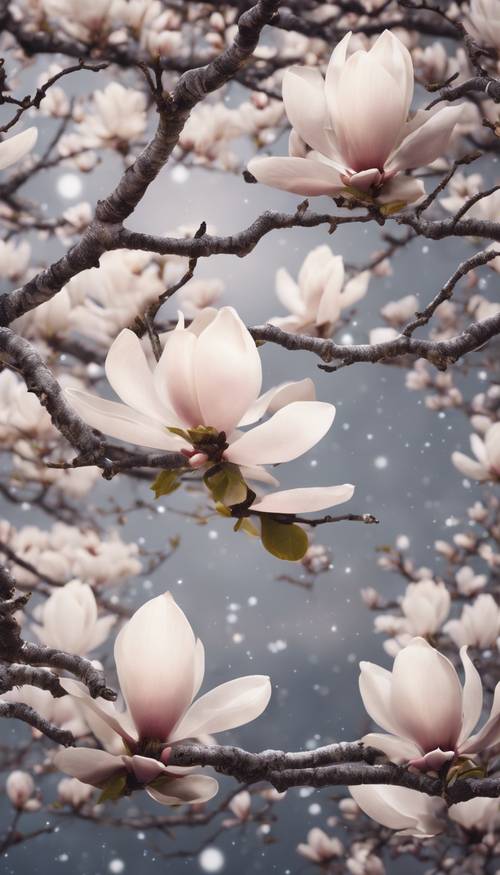 Tradycyjna japońska grafika przedstawiająca drzewo magnolii kwitnące pod srebrnym księżycem.