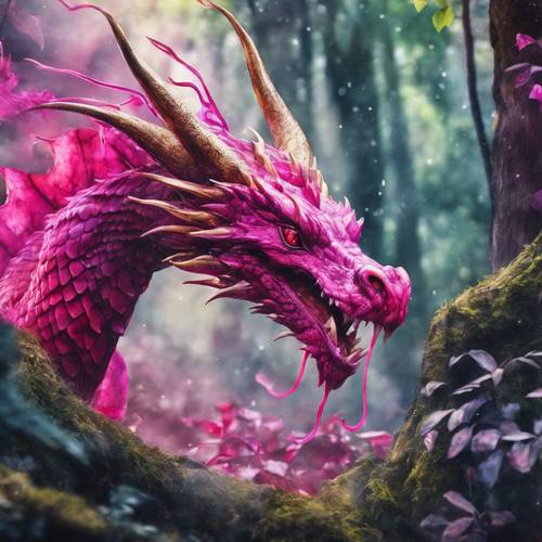 Ein lebendiges Aquarell eines fuchsiafarbenen Drachens, der in einem mythischen Wald Feuer speit. Hintergrund [c33c4b684e1744989126]