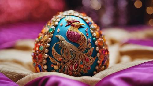 An ornately decorated phoenix egg, studded with gems and vibrant colours, resting on a bed of silken cushions.