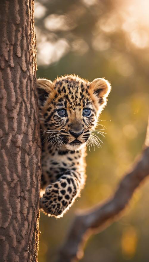 An adorable leopard cub struggling to climb a tree at sunrise.