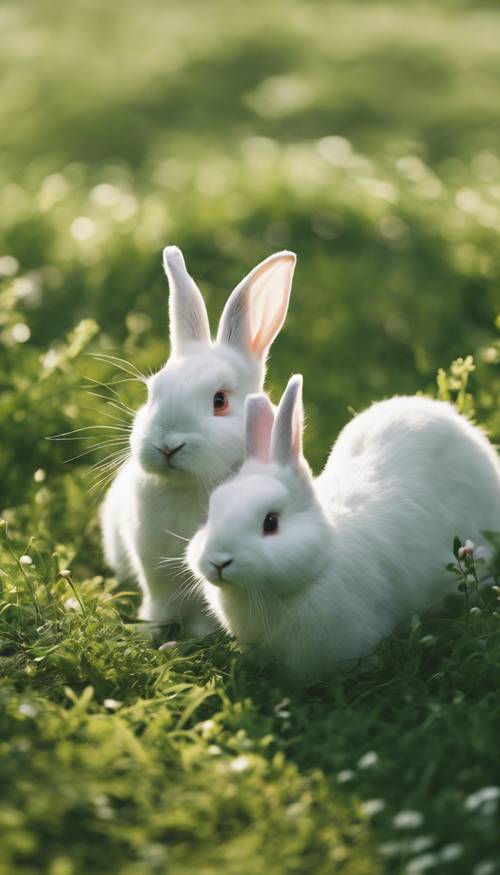 Ein Bild einer Gruppe weißer Kaninchen mit unterschiedlichen Flecken auf einer grünen Wiese
