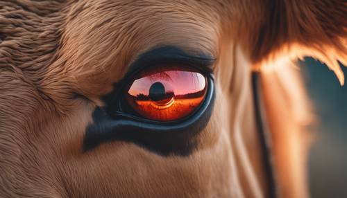 Eine Nahaufnahme des Auges einer Kuh, in dem sich der scharlachrote Sonnenuntergang spiegelt.