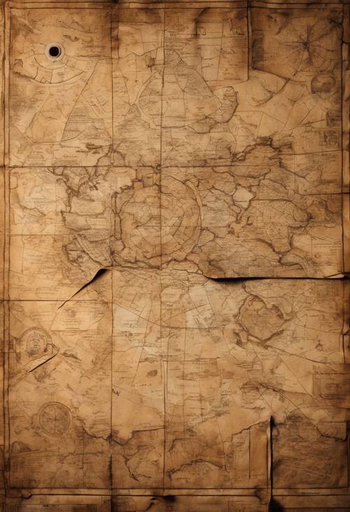 Um velho mapa de papel marrom, desgastado pelo tempo, aberto sobre uma mesa.
