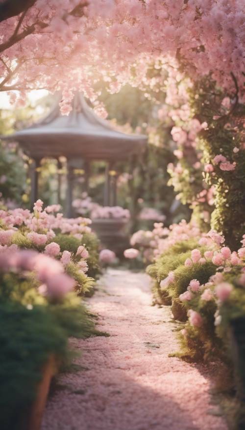 Uma cena serena de jardim, iluminada por uma aura rosa claro.
