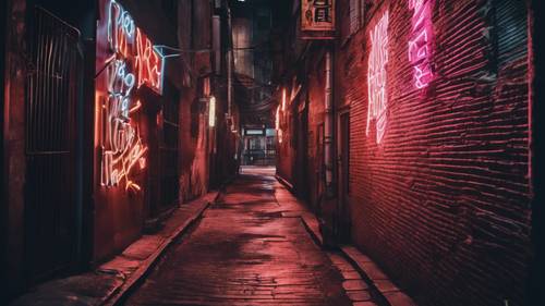 A dark alleyway lit with neon signs displaying a quote about hope and resilience. Tapeta [664424e1af764efeaa18]