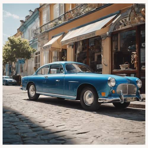 Um carro antigo azul estacionado em frente a um café movimentado em um dia ensolarado.