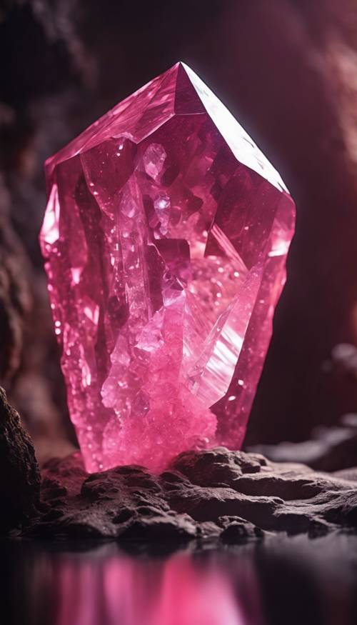 A large, luminous pink crystal sparkling in a dark cave