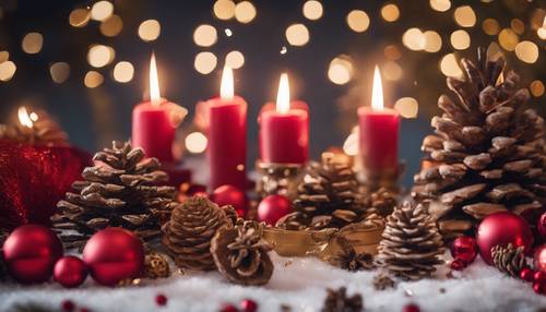 Una escena navideña de mesa con velas, especias navideñas, piñas y adornos rojos y dorados.