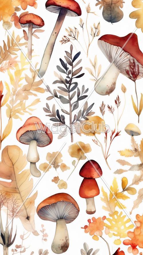 秋季蘑菇和樹葉藝術