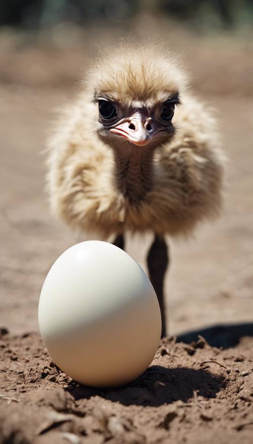A baby ostrich freshly hatched out of its egg, looking curious yet startled.