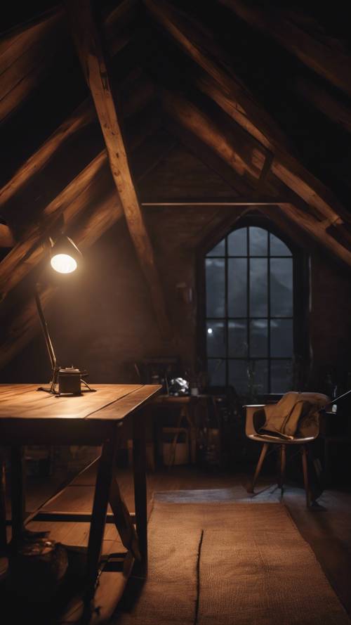 A dark, minimalist attic room, lit only by the glow from a single lamp near a wooden desk.