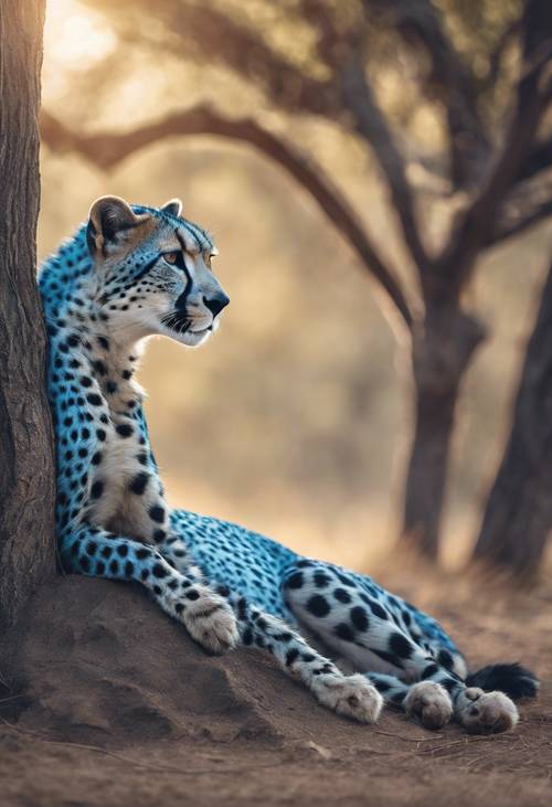 Illustrazione di un ghepardo blu subito dopo uno sprint, che riposa sotto un albero solitario con una combinazione di colori complessivamente caldi.