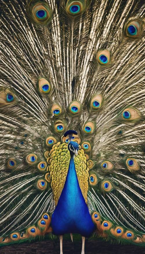 A royal blue peacock flaunting its large, vibrant tail in a mesmerizing dance under the midday sun.
