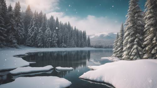 这是一幅生动的图像，描绘的是隆冬时节湖面结冰的景象，周围是被白雪覆盖的常青树，冰面上散落着小小的脚印。