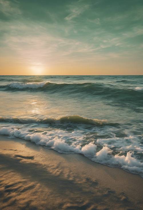 An image of a tranquil, sage green, textured sea at sunset. Валлпапер [429a81ce17724b828f08]