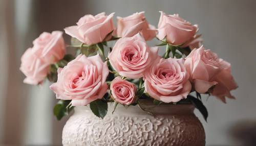 Atractivas rosas rosadas en maceta de cerámica de color neutro.