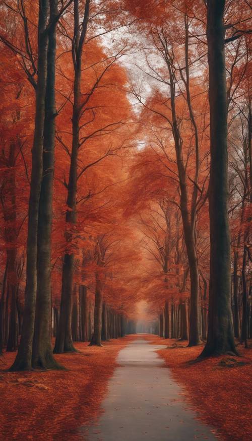 Una escena otoñal con árboles altos, cuyas hojas adquirieron tonos rojos y naranjas, bordeando un camino limpio y ordenado.