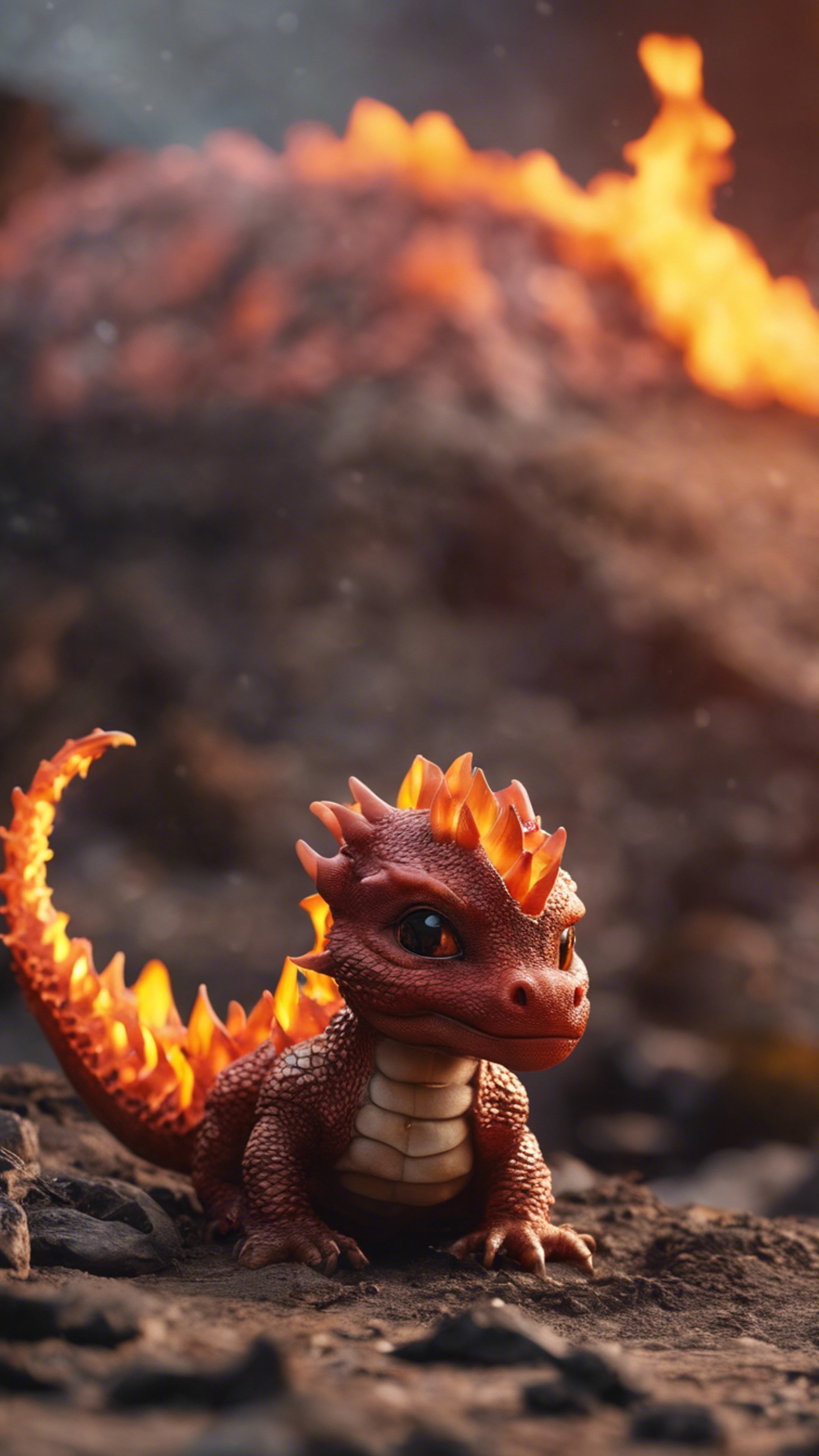 A playful scene of dragon babies learning to breathe fire in the heart of a volcano. Divar kağızı[cac85ec578df4d0ebe57]