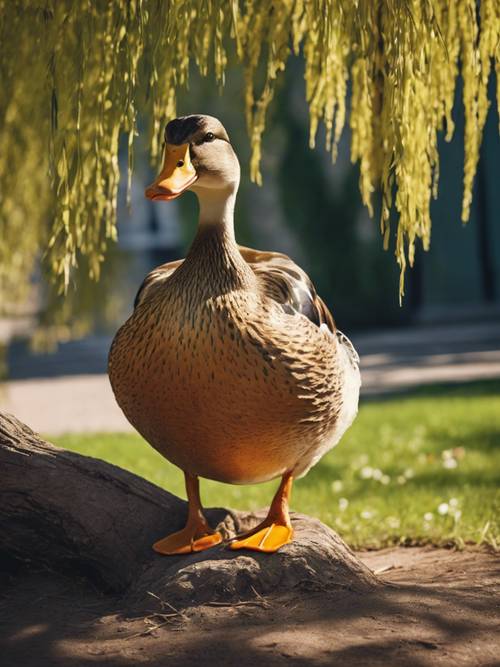 An elderly, wise-looking duck resting under the shade of a weeping willow tree, its orange bill tucked into its feathers.