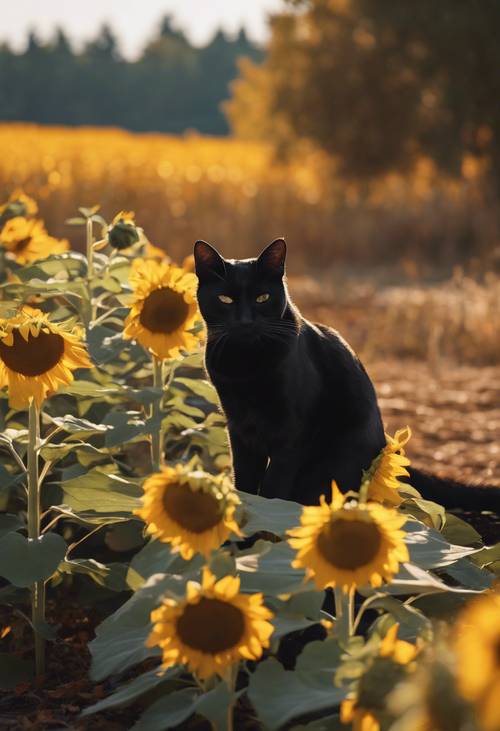 A black cat napping amid a patch of golden autumn sunflowers in the afternoon sun