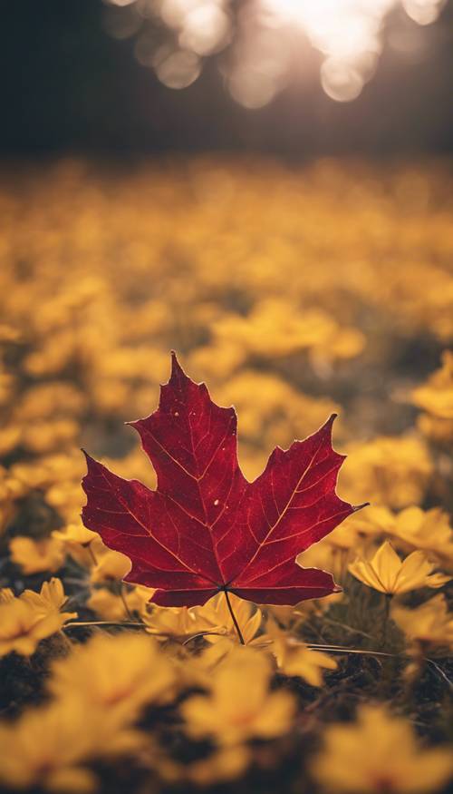 A lonesome red maple leaf fallen on a bed of yellow fall cosmos flowers