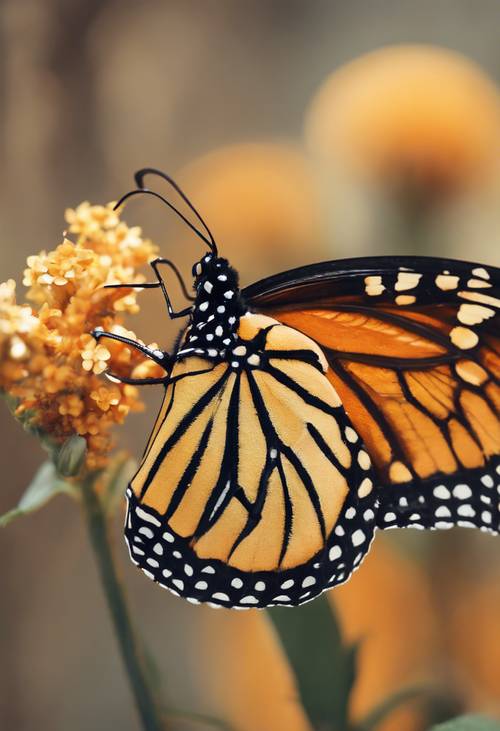 Close-up de uma borboleta monarca laranja descansando em uma flor metálica dourada.