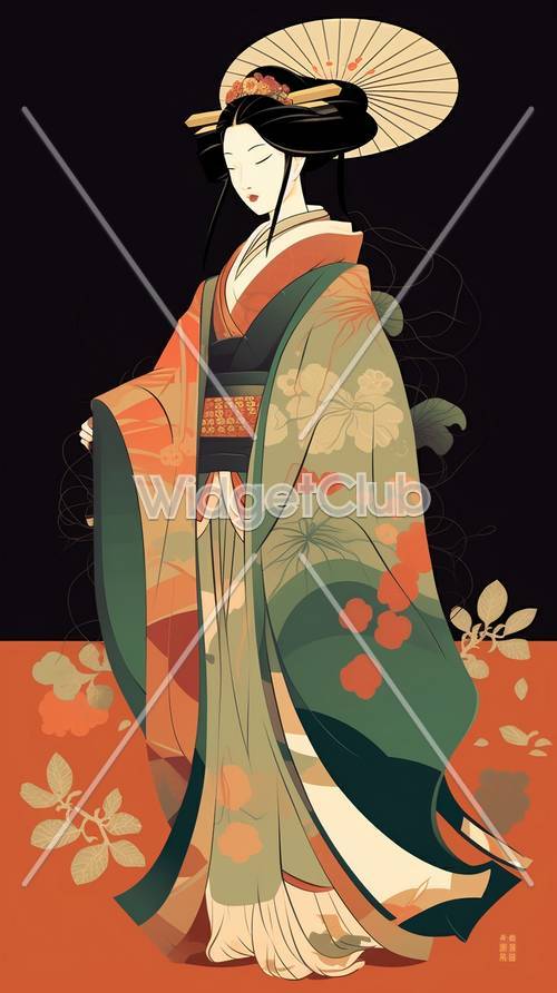 Desain Kimono Anggun dalam Warna Oranye dan Hijau