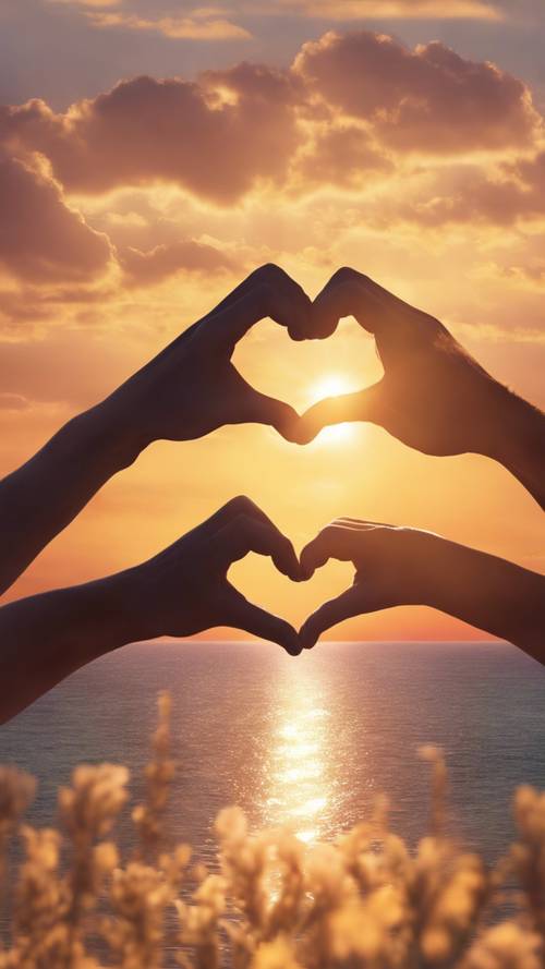 A pair of hands forming a heart shape with the stunning sunset in the backdrop, quoting 'Every sunset brings the promise of a new dawn'.