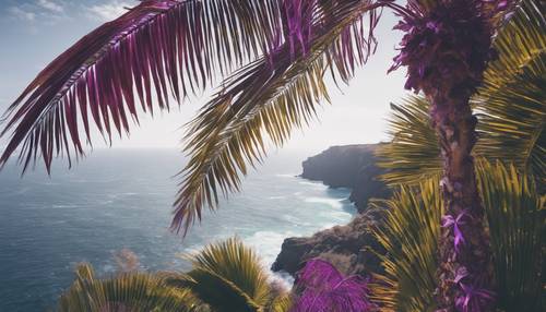 悬崖边上一棵生机勃勃的棕榈树，独特的紫色叶子在海风中飘扬。