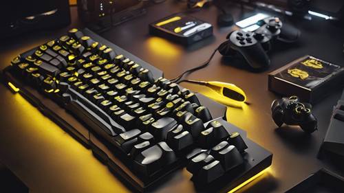 Keyboard gaming hitam dengan tombol lampu latar kuning, dipasangkan dengan karakter gambar tangan dari video game populer.