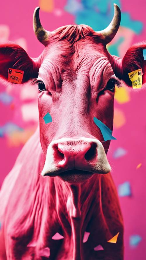 Colorful paper collage art featuring brilliant hues of a pink cow.