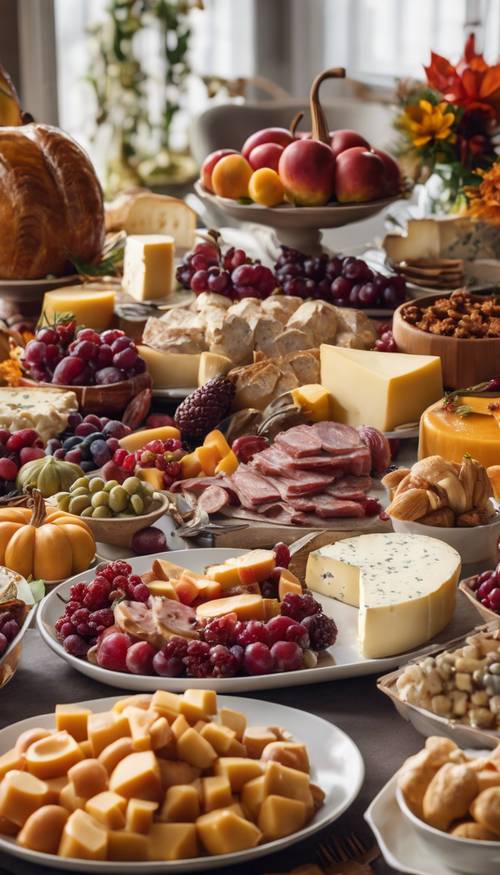 A perfect Thanksgiving buffet spread with a gourmet selection of cheeses, meats, fruits, and eccentric desserts. Tapet [48db5ea56aea452aa89f]